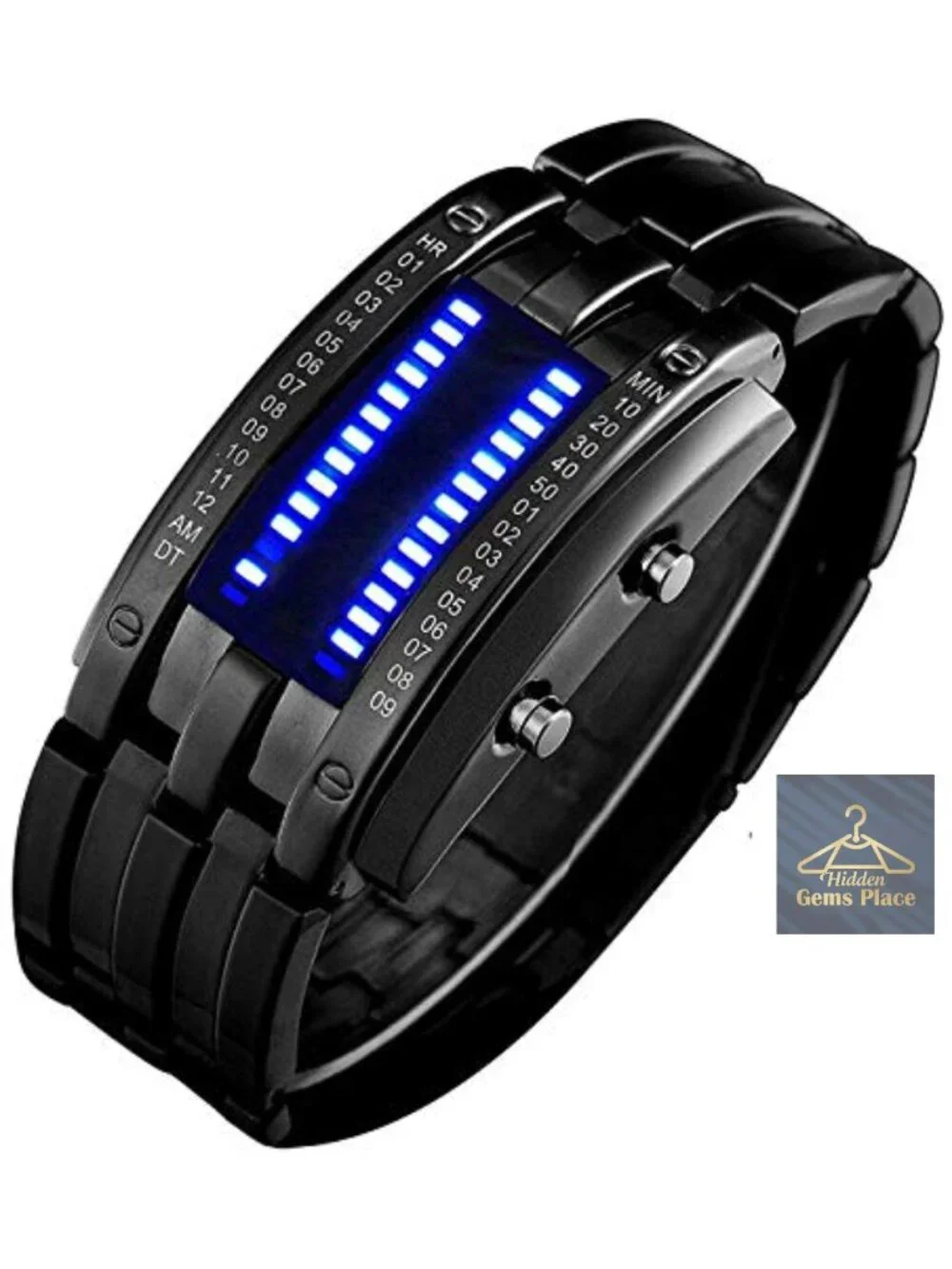Mens Binary LED Digital Watch Black Stainless Steel Bracelet Quartz